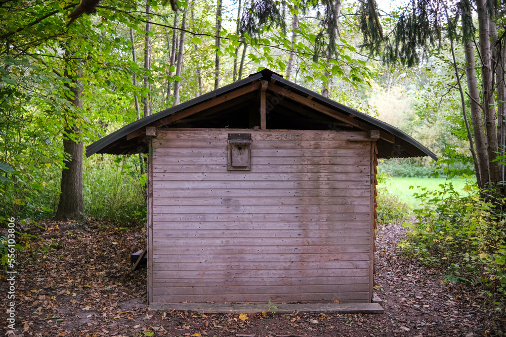 Kleine Hütte aus Holz in der Natur im Wald Kleine Hütte aus Holz in der Natur im Wald