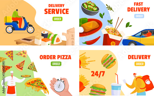 Set landing pages concept, food ordering and delivery service, vector illustration. Flat banner with cartoon order pizza inscription.