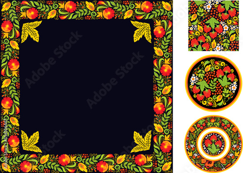 Traditional cultural craft Khokhloma, vector illustration. Natural Russian pa...
