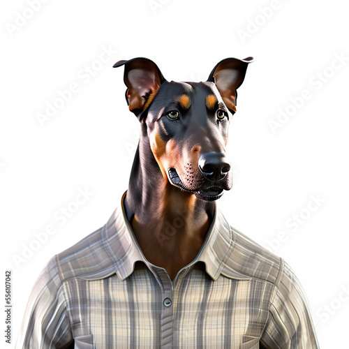 Portrait of a Doberman Pinscher wearing shirt. Anthropomorphic dog. Digital illustration. Generative AI.
