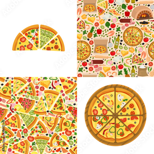 Pizzeria menu pattern set, vector illustration. Printable flyer banner with half, whole pizza. Product elements, ingredients, additives for preparing