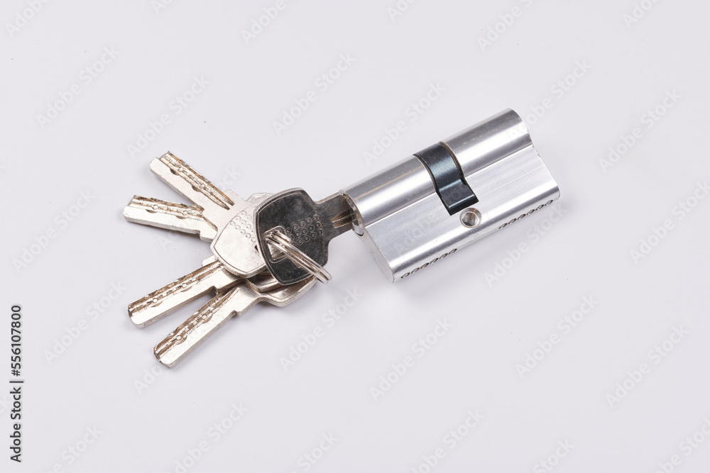 Key lock, padlock closeup, modern security system isolated on white background Key lock, padlock closeup, modern security system isolated on white background