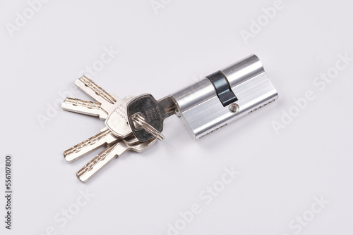 Key lock, padlock closeup, modern security system isolated on white background
