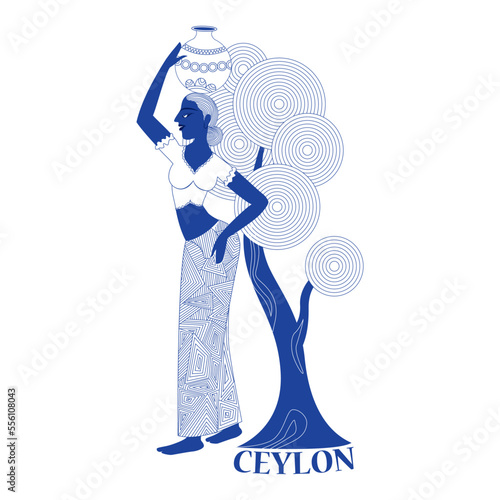 Sri Lanka village girl vector drawing, traditional illustration, line art