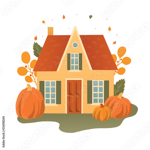 cute hand drawn village cottage, countryside house decorated with pumpkins and leaves on white background. Good for posters, prints, cards, signs, stickers, etc. EPS 10