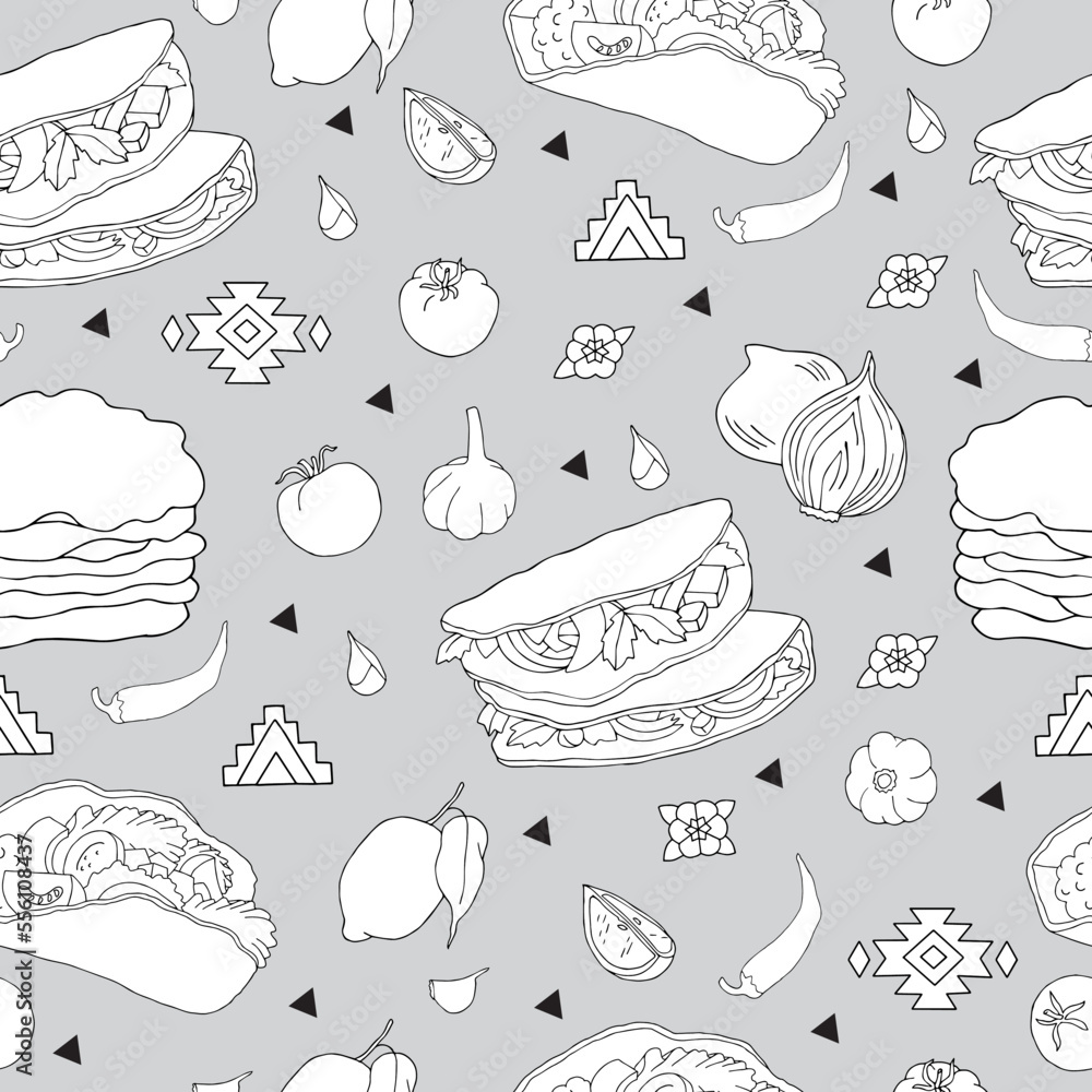 Obraz premium Latinamerican food linear black and white hand drawn seamless pattern