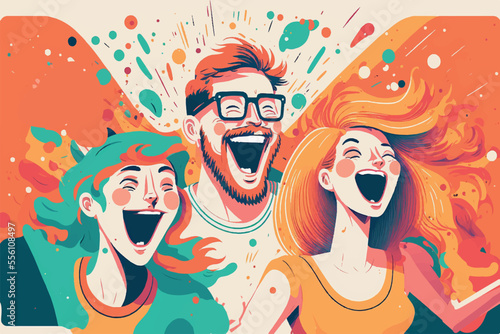 Happy Laughing People Flat Vector Illustration. Smiling Joyful Cheerful Boys, Girls, Men and Women. Generative AI.