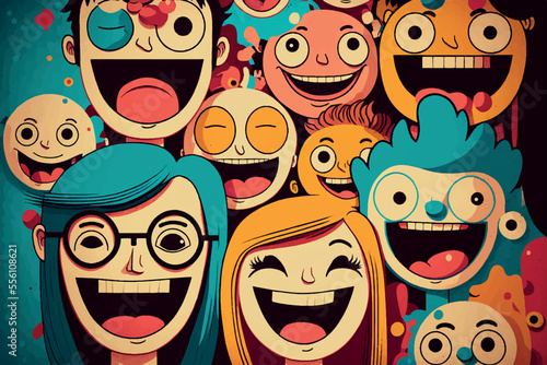 Happy Laughing People Flat Vector Illustration. Smiling Joyful Cheerful Boys, Girls, Men and Women. Generative AI.