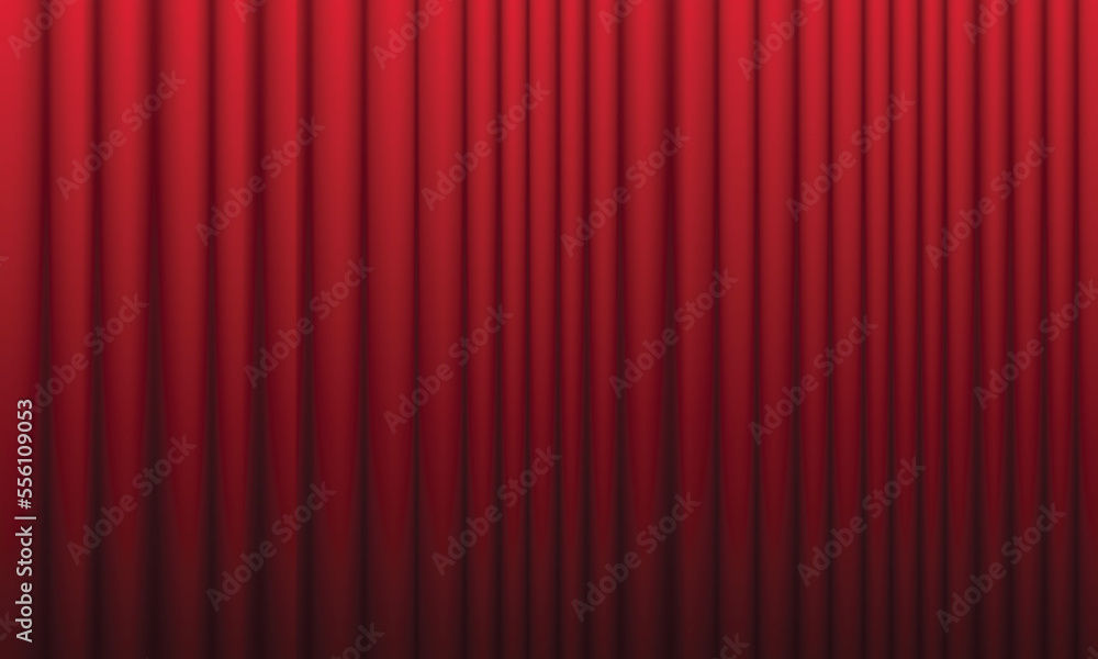Realistic red curtain on stage. Red closed velvet curtain for circus, theatre, scene and club. Background with light of projector for ceremony on broadway