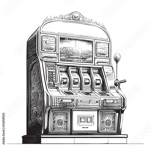 Slot machine one-armed bandit vintage sketch hand drawn Vector illustration.