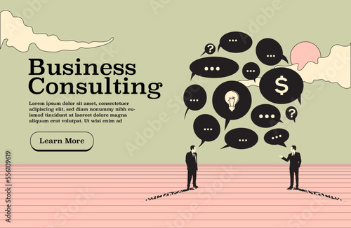 Business consulting website page or banner design template with two talking businessman with discussion message bubbles in minimalistic vintage style. Concept of teamwork. Vector illustration