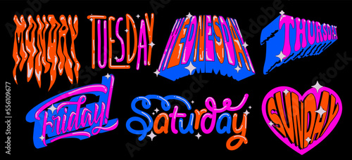 Days of the week colorful funny lettering sticker set isolated on black background for challenge or weekly planner or schedule. Vector illustration