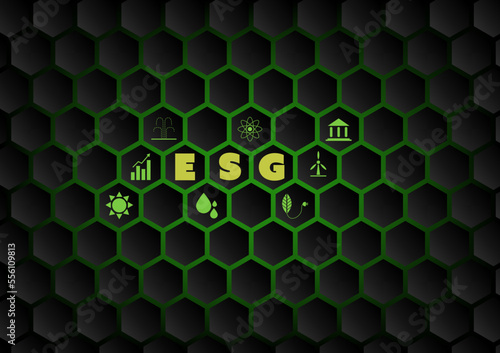 Set of environment, social, and governance ESG concepts. Hexagonal with green thin line icons such as sustainable ecological, save water and energy, and honest people.