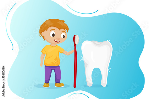 National Children s Dental Health Month vector banner. A boy with tooth. Protecting teeth and promoting good health, prevention of dental caries in children. Vector illustration.