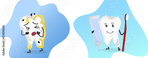 National Children s Dental Health Month vector banner. Cartoon logo design for the children's dentist clinic. Protecting teeth and promoting good health, prevention of dental caries in children.