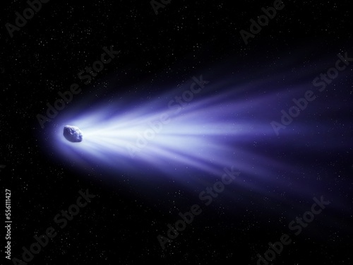 Comet tail against the background of stars. Glowing comet in the sky. Celestial body image.
