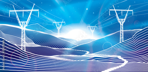 Night landscape. Neon glow illumination illustration. Path in mountains. High voltage transmission systems. Power lines. Network of interconnected electrical. White outlines . Vector design art