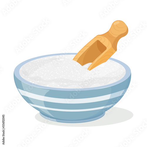 Pile of sugar in blue cup with wooden scoop. Vector illustration of plate with white refined sugar. Glucose is crystalline