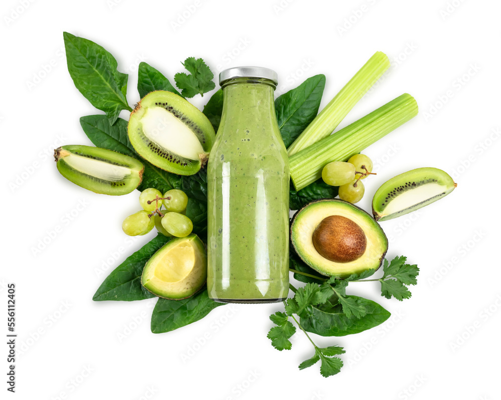 Detox cleanse drink concept, green vegetable smoothie ingredients. Natural, organic healthy juice in bottle for weight loss diet or fasting day. Isolated on white. - obrazy, fototapety, plakaty 