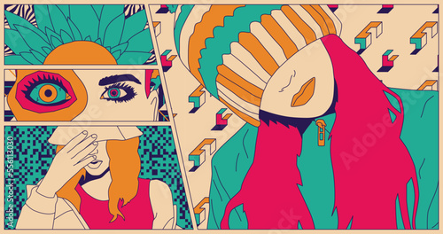 Fashion minimal illustration. Stylish comic absurd collage set Girl. Trendy trippy design. back in 80s. Retro lover