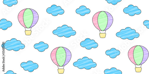 Colorful hot air balloons with linear texture and blue clouds on a white background. Endless texture with aerostat in the sky. Vector seamless pattern for cover, giftwrap, wrapping paper and packaging
