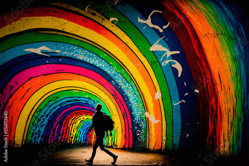 rainbow graffiti-covered wall. lighting is bright and vibrant, creating a sense of hope and celebration. image is shot in a vibrant and upbeat style, with a bold use of color and sense of fun and joy
