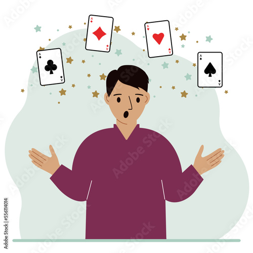 Man holding playing cards cards. Playing combination of 4 aces or four of a kind.