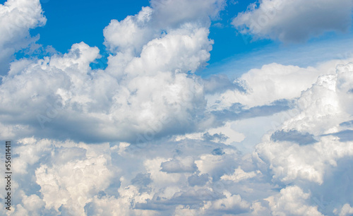 White cumulus clouds in the blue sky, illuminated by the bright spring sun.