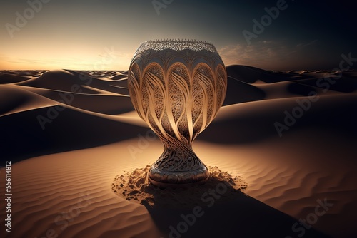 intricate enormous football tournament trophy upon the sand, photorealistic, cinematic lighting