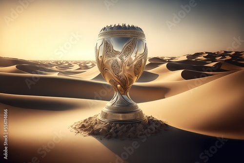 intricate enormous football tournament trophy upon the sand, photorealistic, cinematic lighting