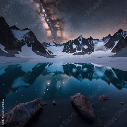 Milky way over a crystalline glacier lake with craggy snow-covered mountains in the distance