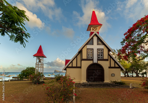 The chapel with the red roof, Notre Dame Auxiliatrice, Cap Malheureux in north Mauritius. Famoust historical place. Here landed the English colonizers first. Also called latitude of misfortune. photo
