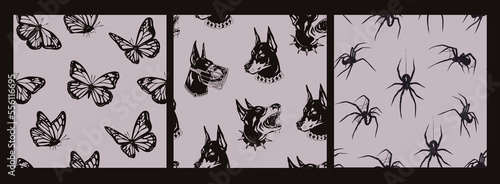 Black outline Butterflies, Doberman dogs, Spiders. Butterfly silhouettes, dog's head, black widow. Hand drawn modern Vector illustration. Set of three square seamless Patterns. Background, wallpaper