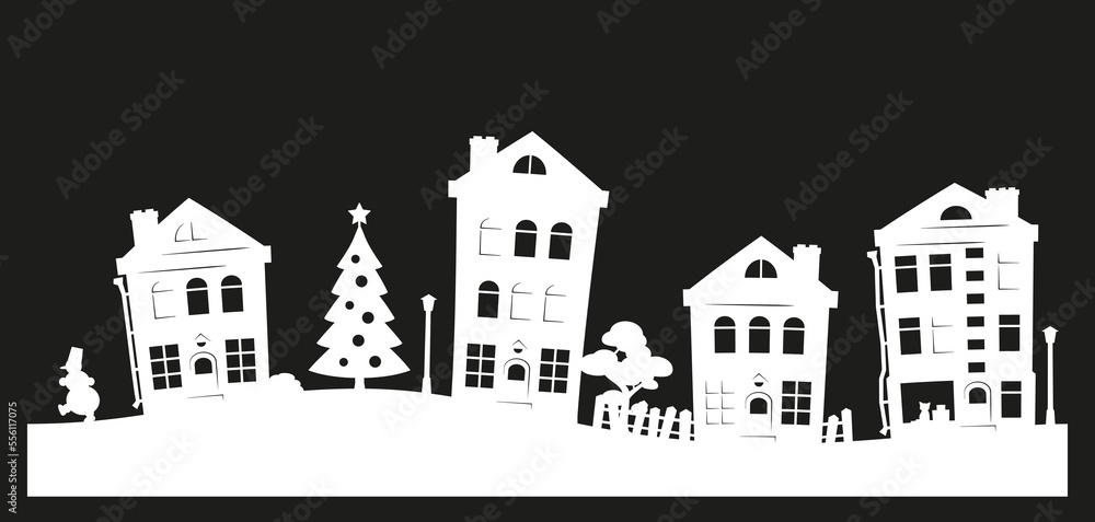 Stencil of winter town with small houses, snowman, fir tree, tree, fence, lanterns and cat. Tiletable template isolated on black background. Stencil for scrapbooking, decorate windows, carved wood.