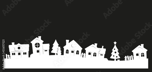 Stencil of winter village with small houses, snowman, fir tree, tree, fence and cat. Tiletable template isolated on black background. Stencil for scrapbook, decorate windows, carved wood.