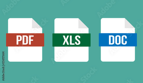 Vector DOC, PDF, XLS. Collection of file type icons. File formats isolated.