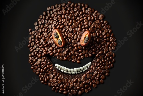 Happy Smiling Coffee Beans Icon on black table. Top View Background stock photo Abstract, Addiction, Alphabet, Anthropomorphic Smiley Face, Backgrounds