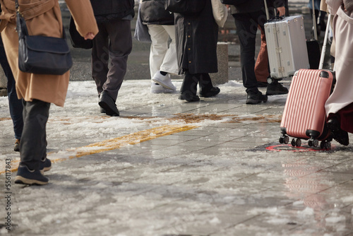 雪が溶けた地面で歩いている人々の姿