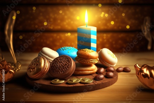 Hanukkah concept with menorah, sufganiyah, wooden dreidel, chocolate coins and bright light in the background stock photo photo