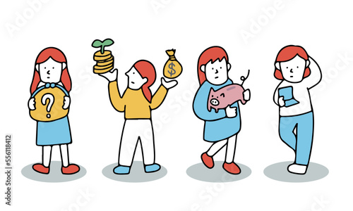 お金の使い方について考える女性4人のイメージイラスト