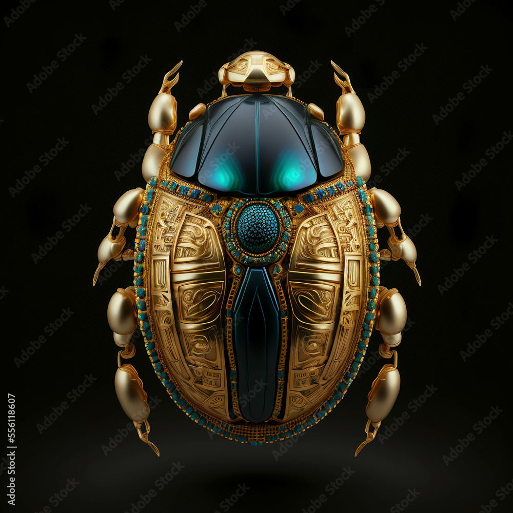 Egyptian gold and blue scarab on a black background - obrazy, fototapety, plakaty 