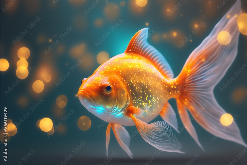 Glowing Goldfish in a Colorful aquarium. Aquarium photo with colorful goldfish.