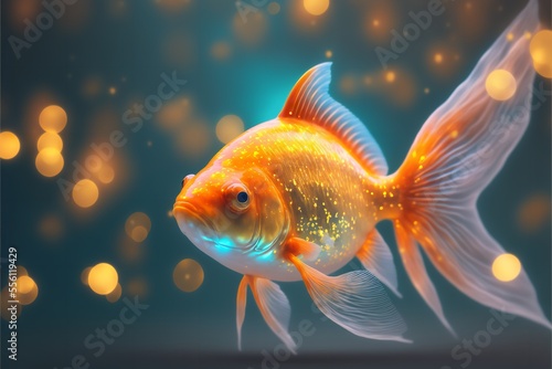 Glowing Goldfish in a Colorful aquarium. Aquarium photo with colorful goldfish. © Concept Killer