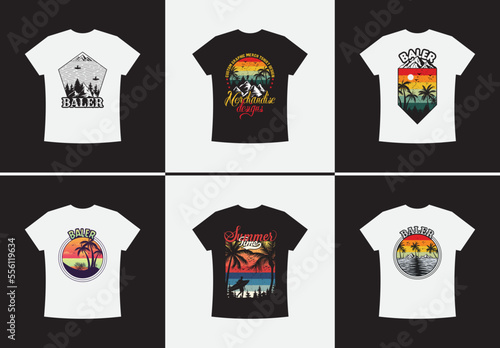 Summer sunset Mountain Retro Vintage t-shirt design bundle. Logo badge vector illustration design. Retro Vintage t-shirt design bundle.