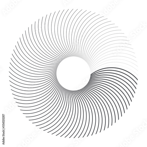 Black curved radial lines with different thickness, as a logo or abstract background. A rotating circle like a loading sign.