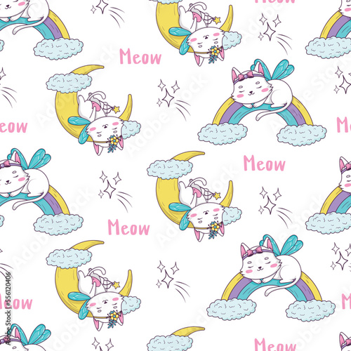 Seamless pattern with cute fairy cats sleeping on the rainbow and moon decoration for baby products.