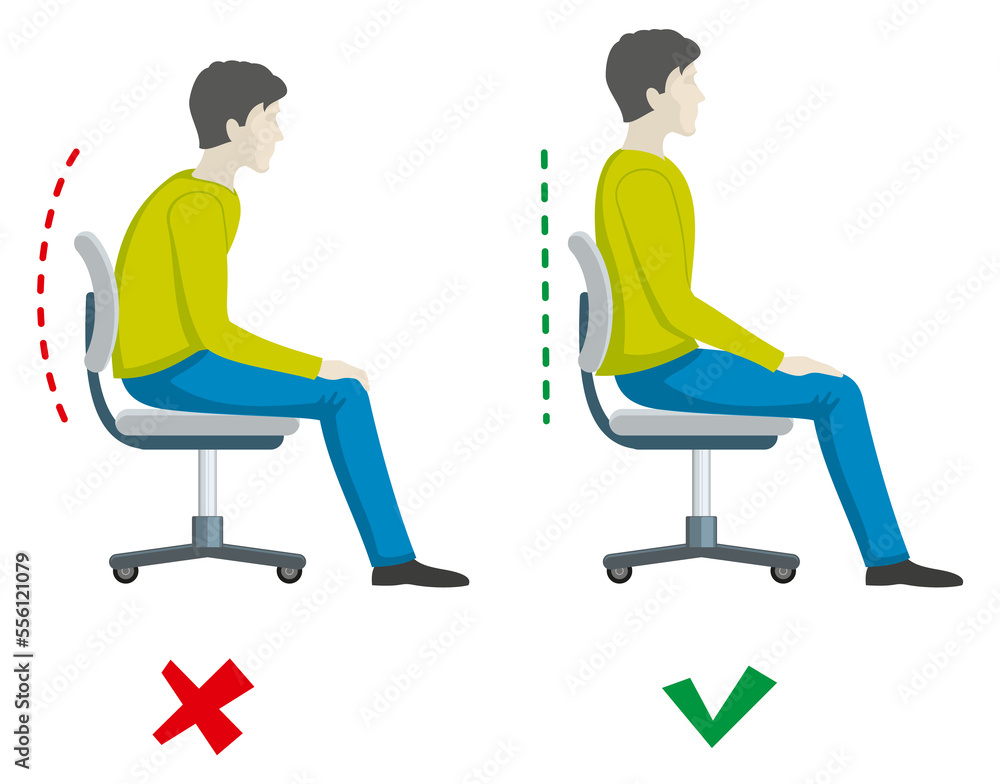 Right and wrong sitting posture. Person in chair pose Right and wrong sitting posture. Person in chair pose
