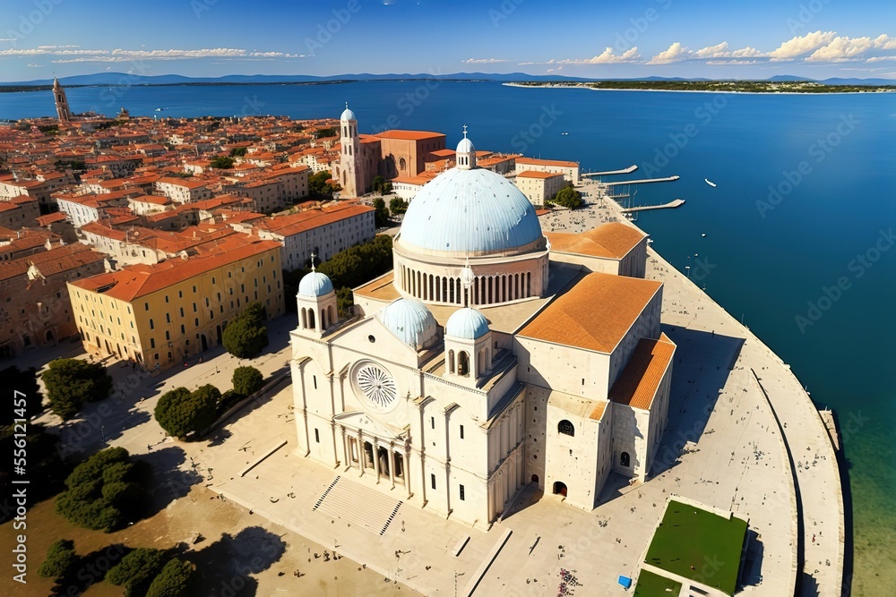 City of Zadar historic center and waterfront aerial panoramic view stock photo Ancient, Architecture, Blue, Building Exterior