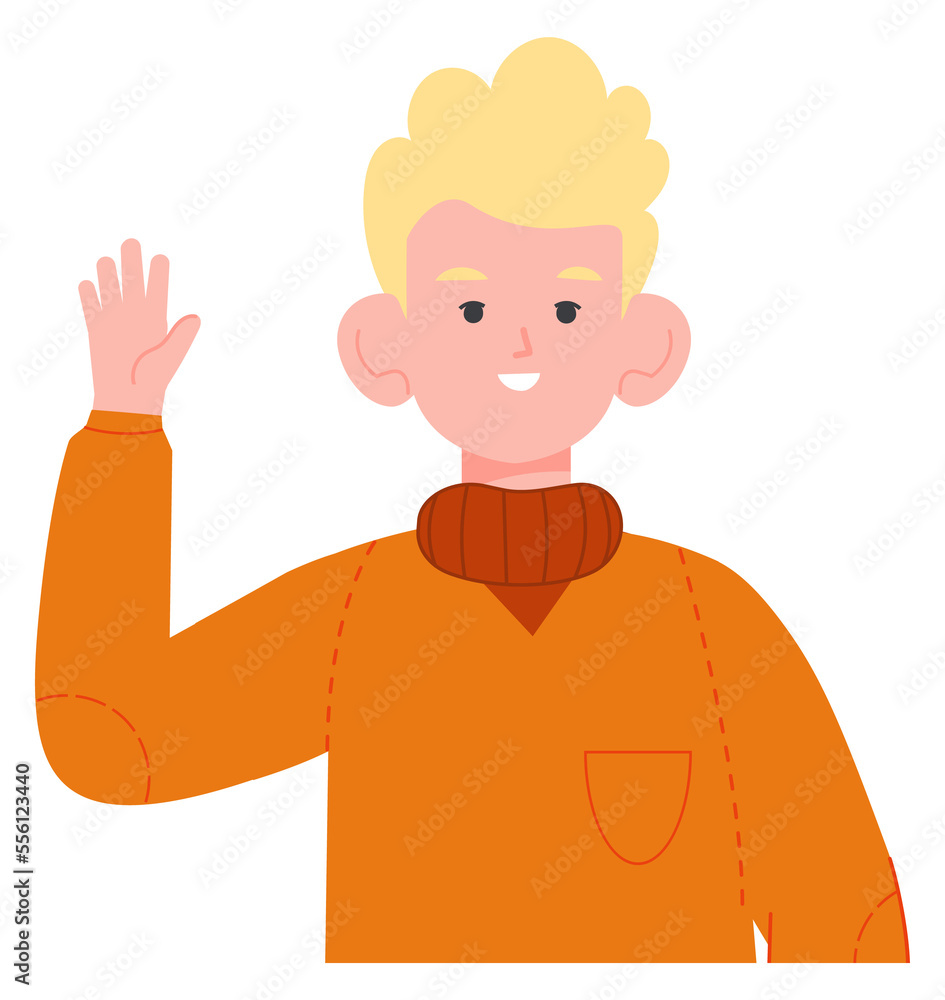 Cute blond boy with raised hand in greeting gesture
