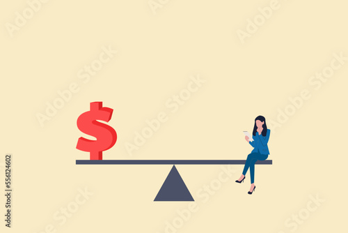 business woman sitting on a seesaw with a dollar finance money symbol. concept off financial balance, optimization and Saving budget.
